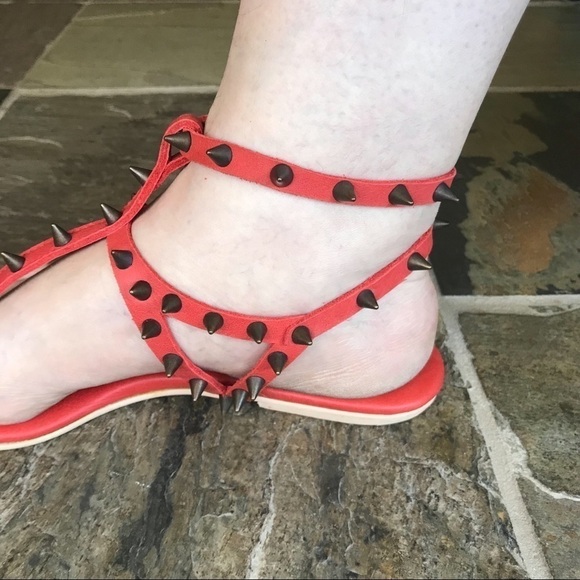 Marian Saud cherry red leather and metal studded ankle-strap gladiator sandals - Picture 6 of 9